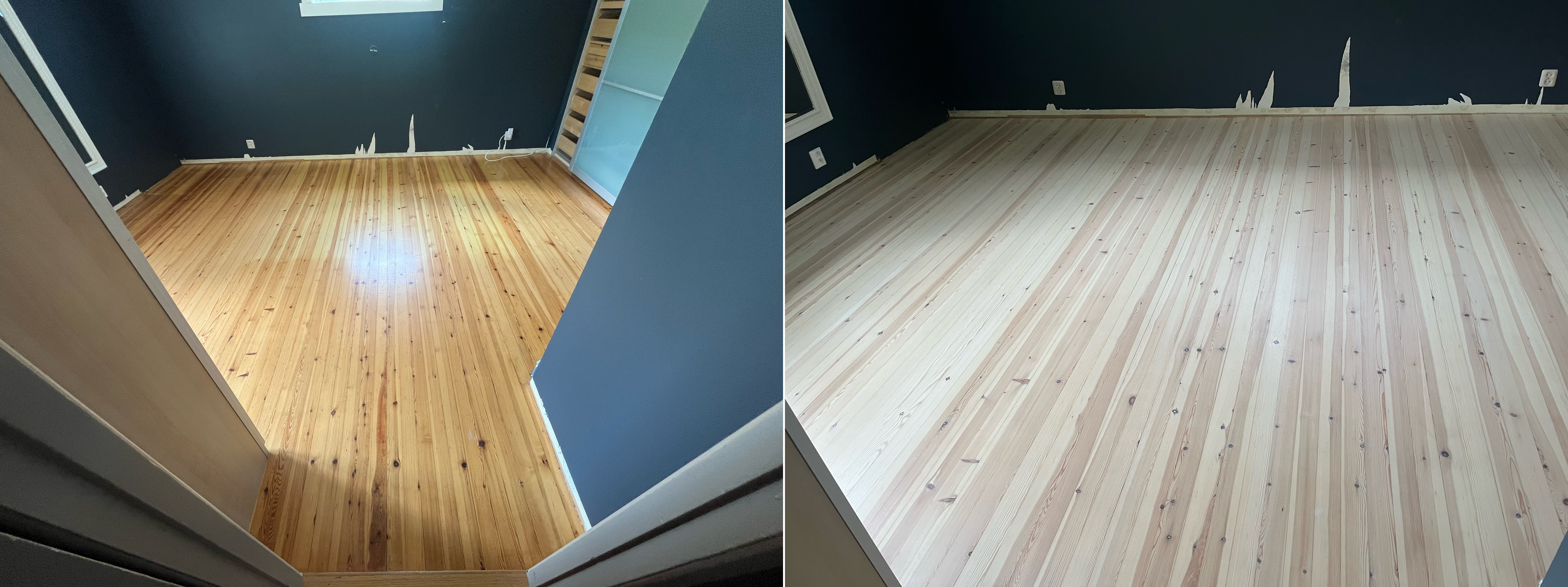 Gulvsliping før og etter - blått rom