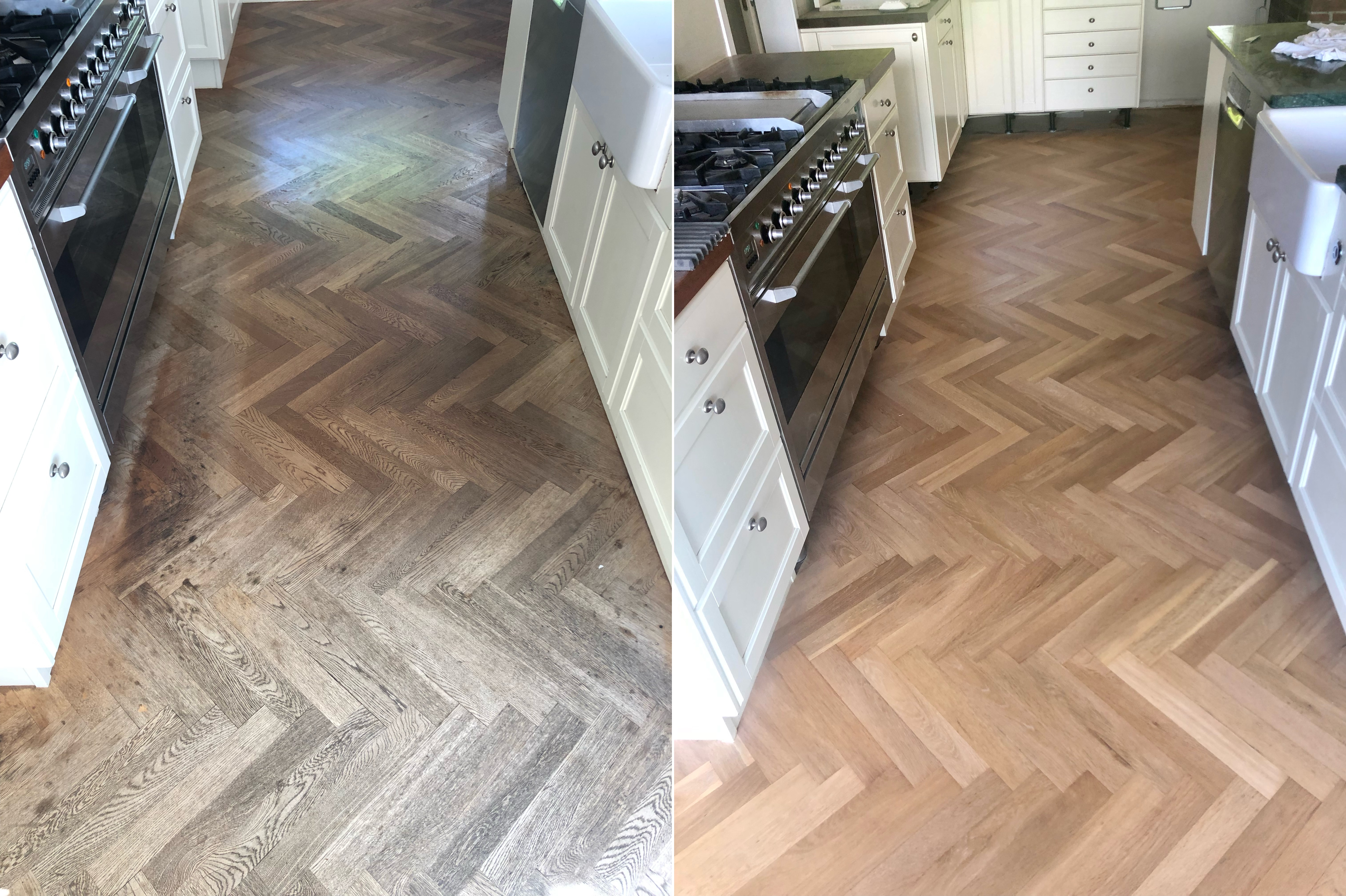 Gulvsliping før og etter - fiskebein kjøkken