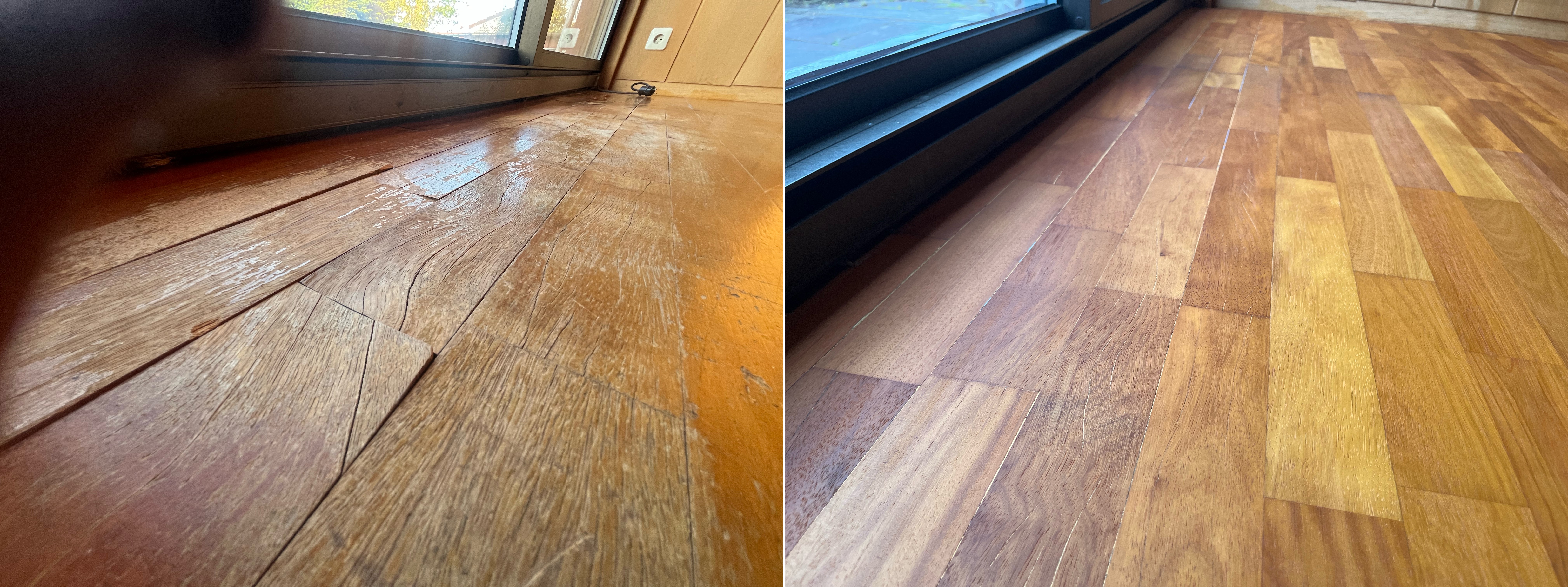 Gulvsliping før og etter - nærbilde