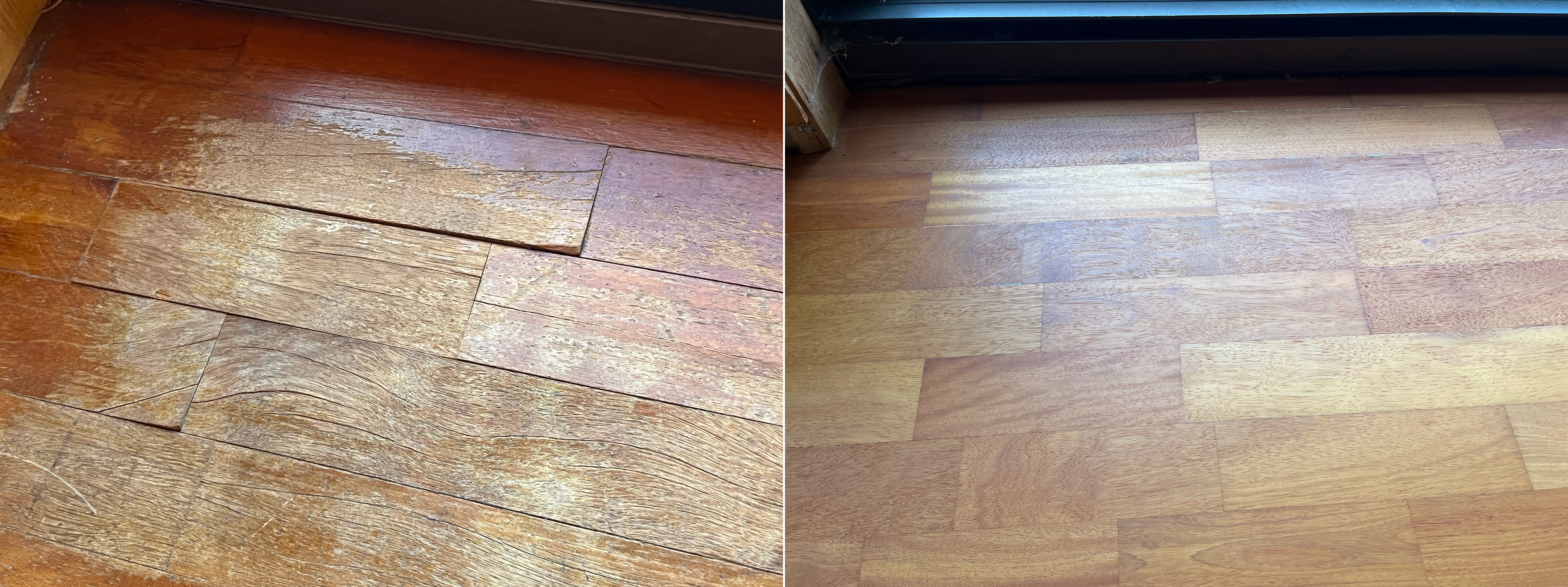 Gulvsliping før og etter - nærbilde