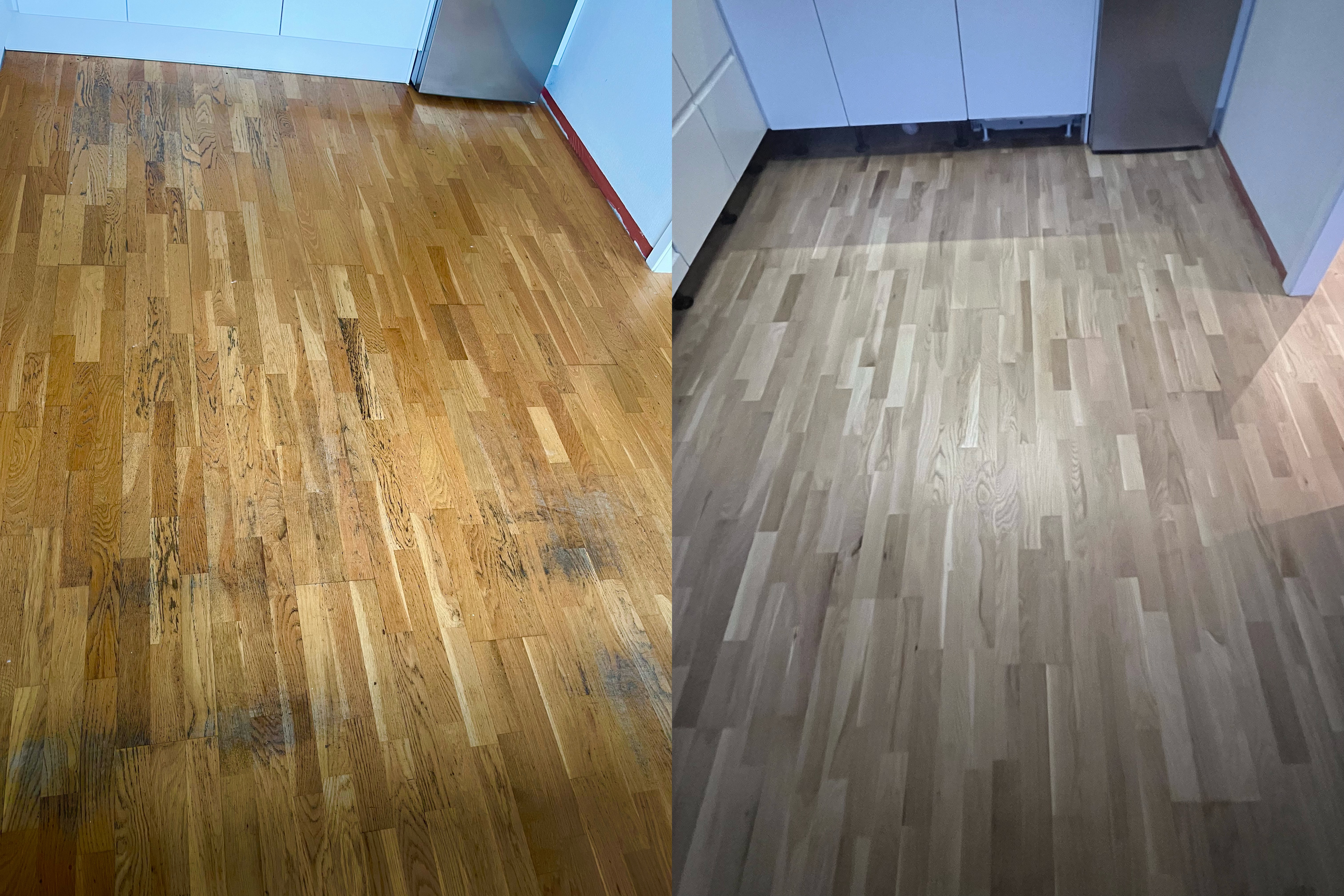 Gulvsliping før og etter - kjøkken