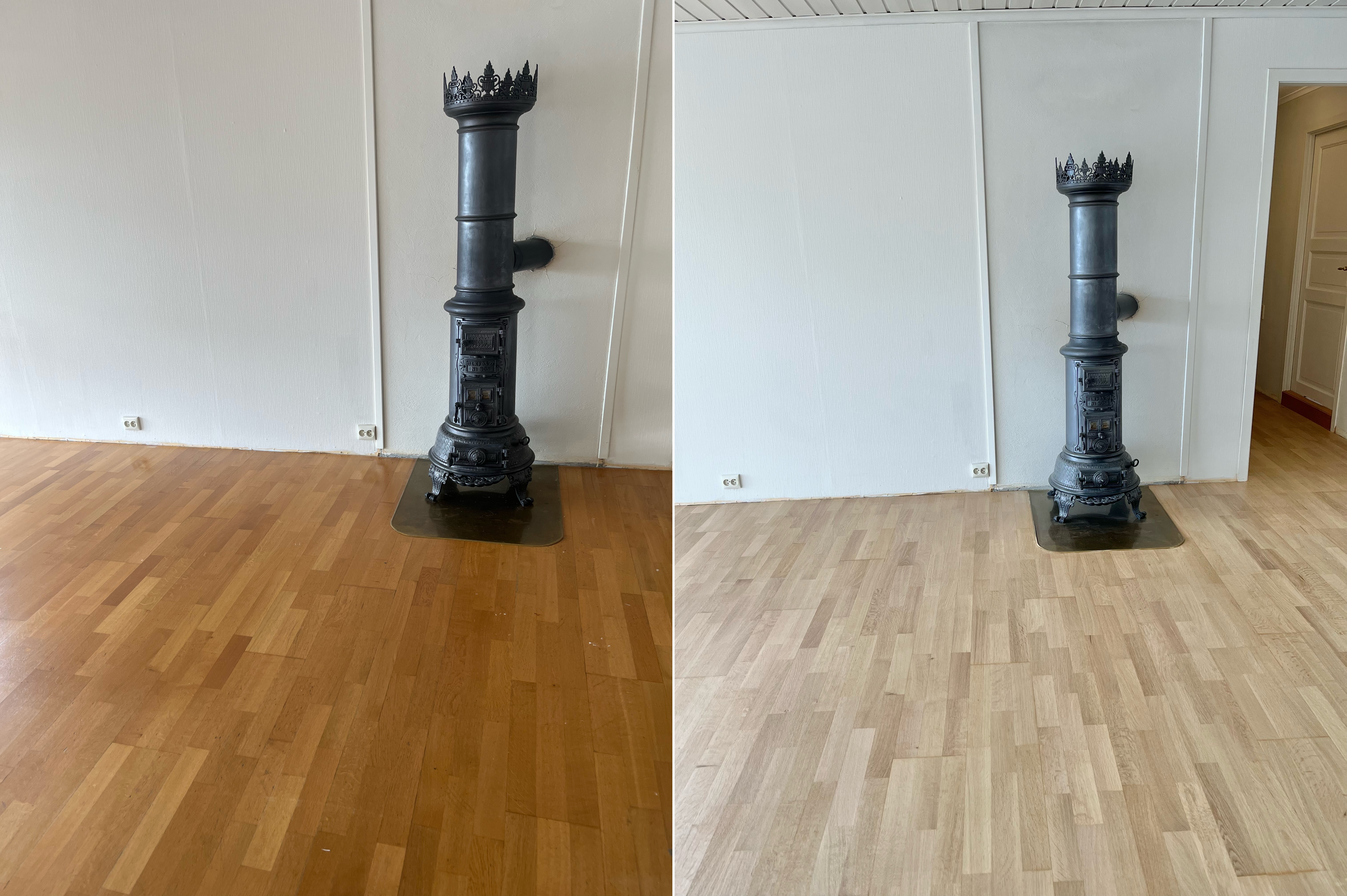 Gulvsliping før og etter - stue med ovn