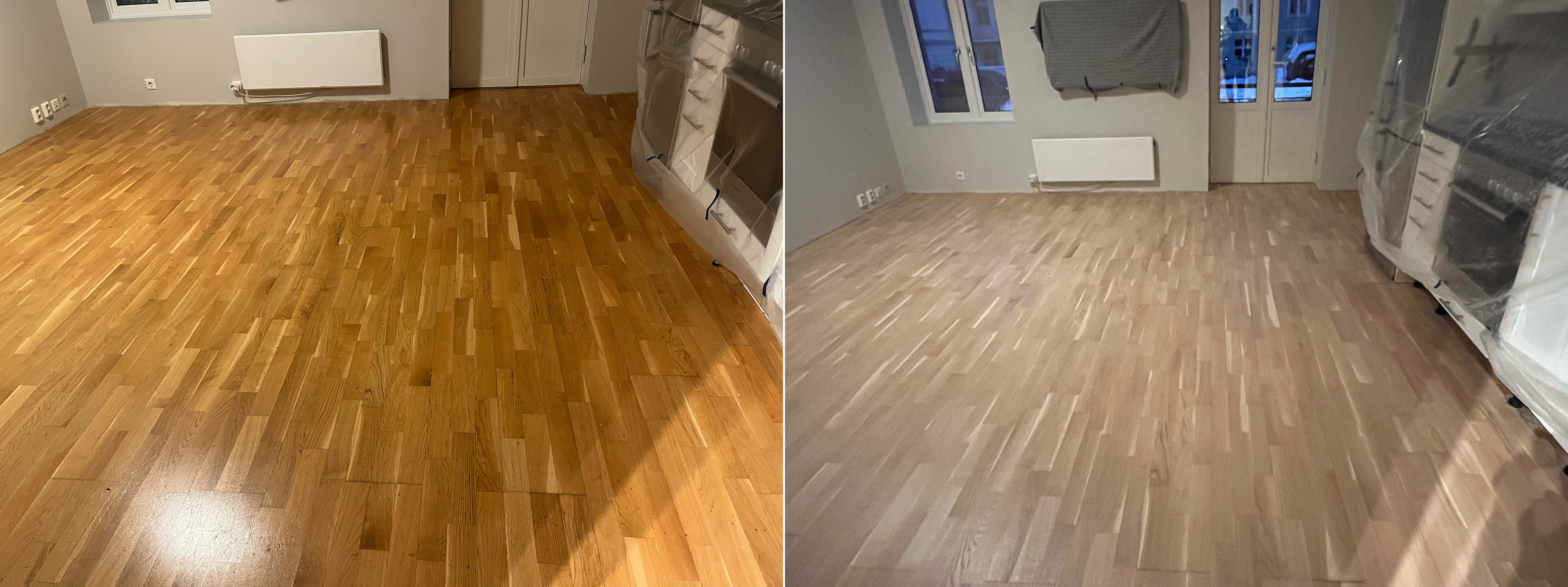 Gulvsliping før og etter - rom