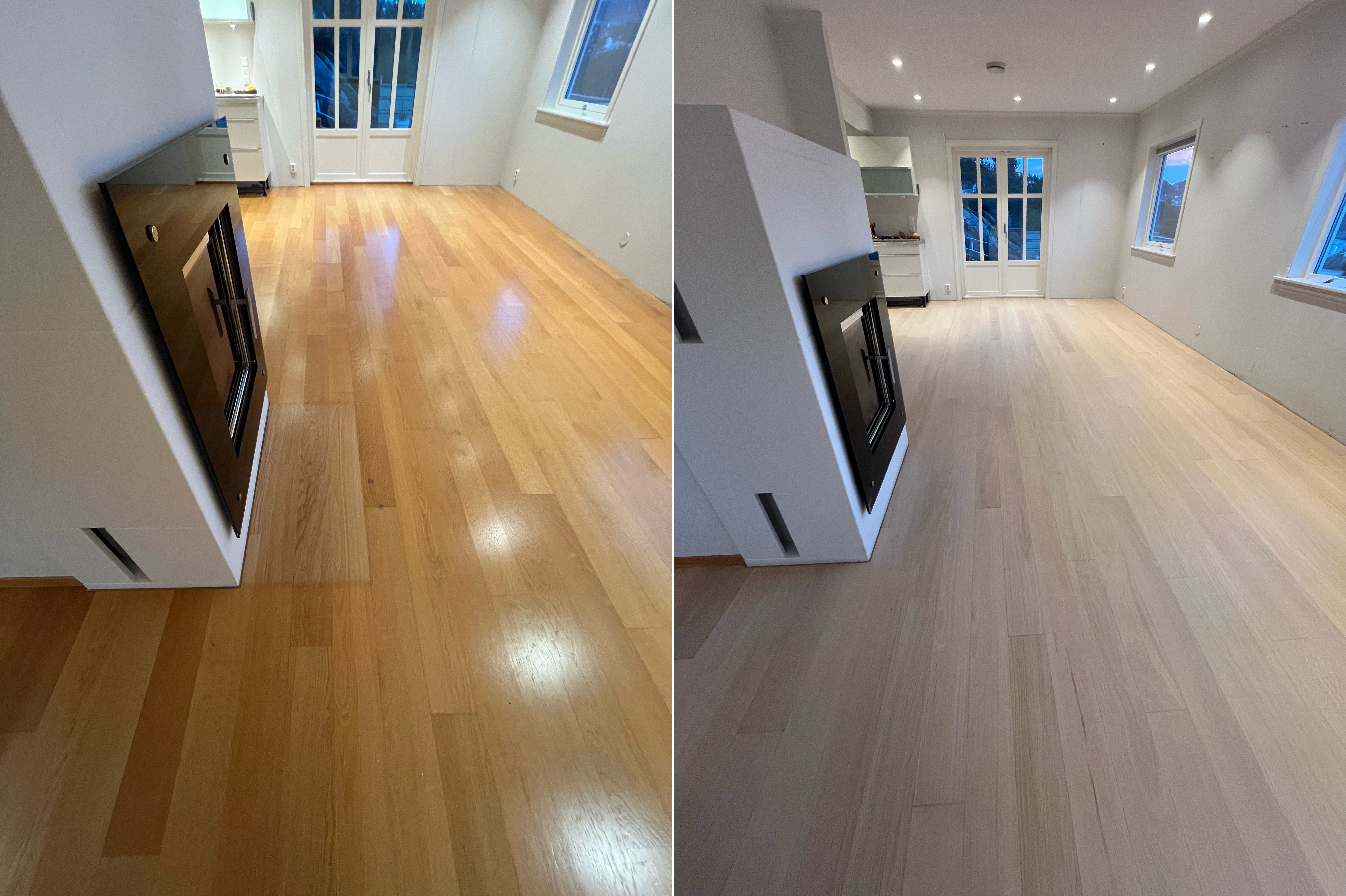 Gulvsliping før og etter - stue med peis