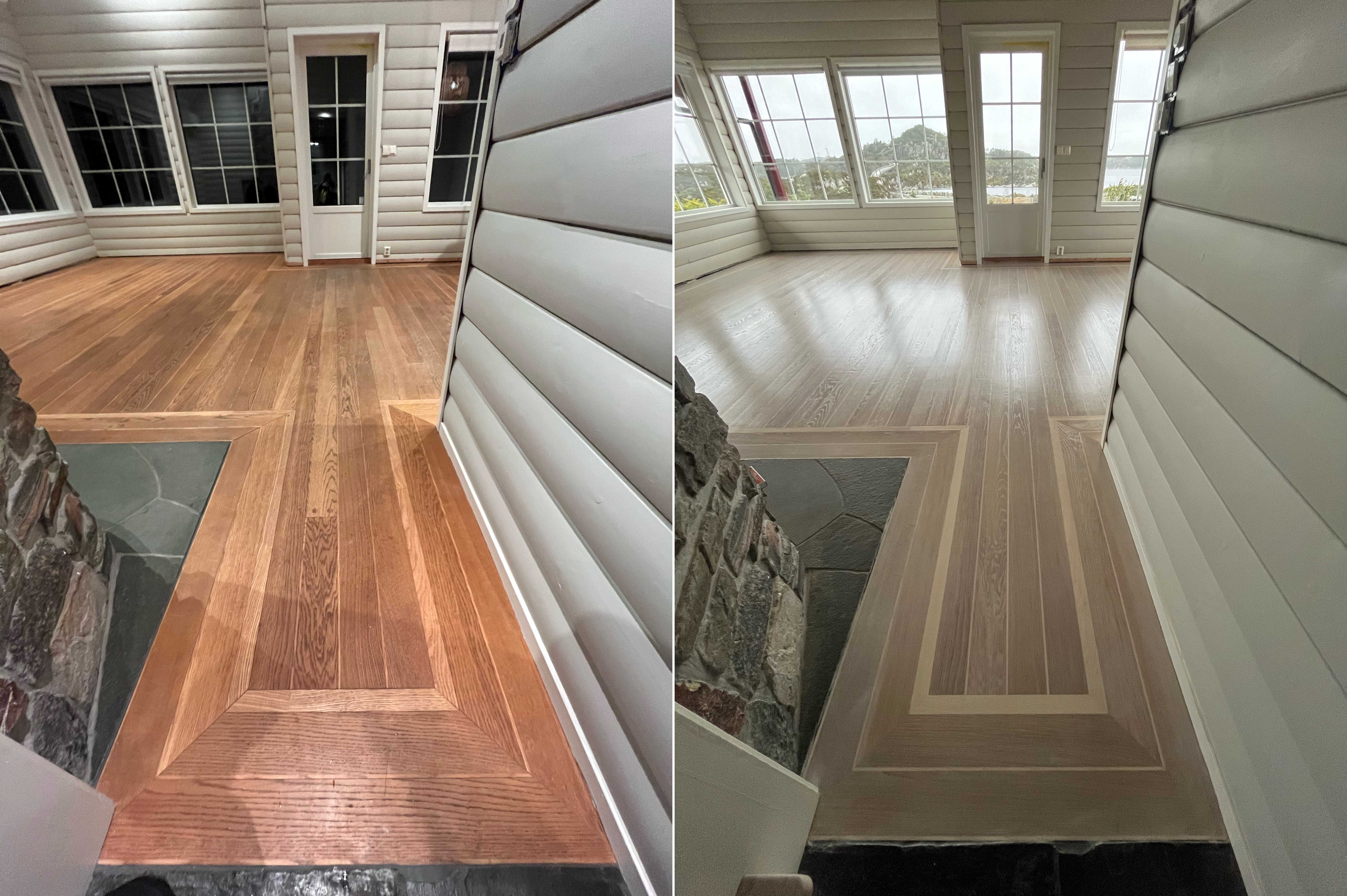 Gulvsliping før og etter - veranda