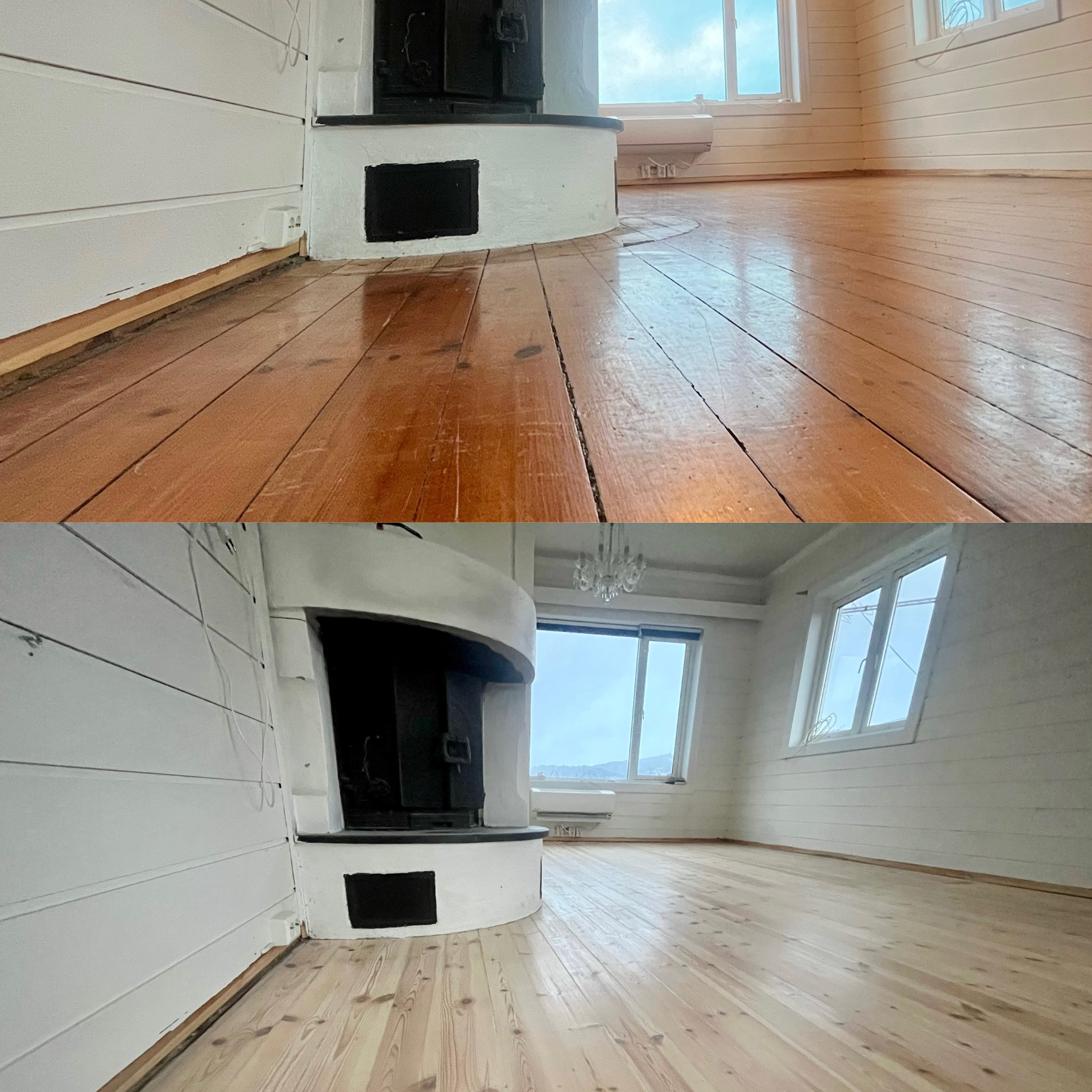 Gulvsliping før og etter